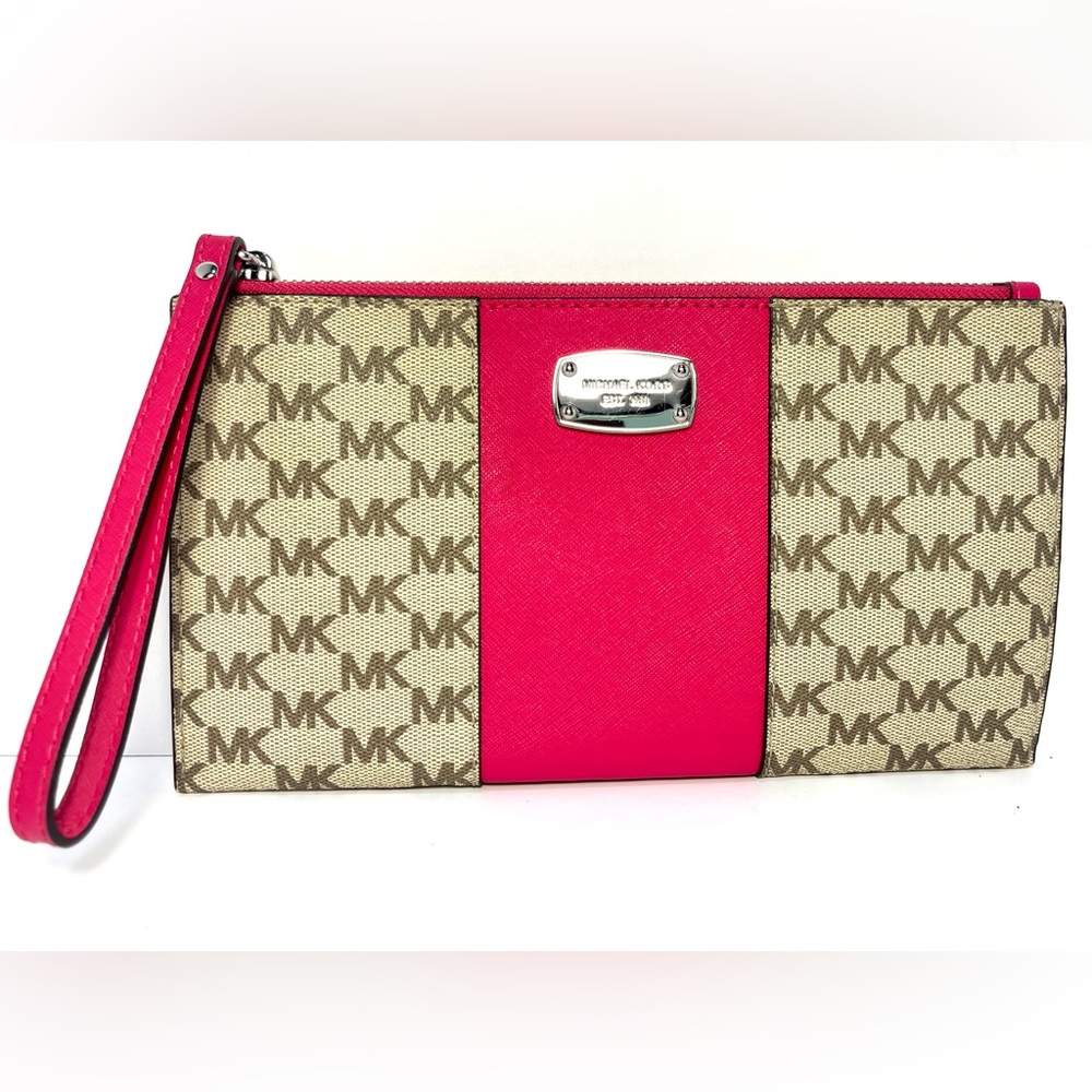 Michael Kors jet set large, zip, clutch leather bracelet, tan magenta